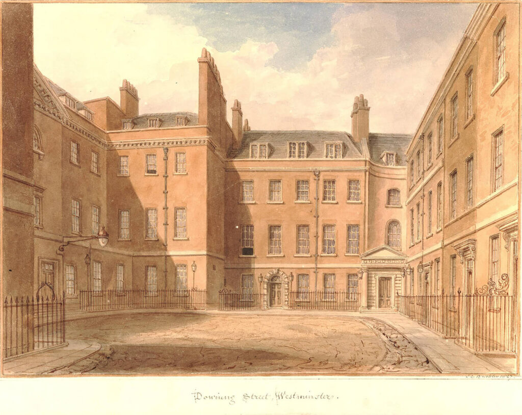 View of the old Foreign Office and other buildings on Downing Street, Westminster. 1827 Watercolour